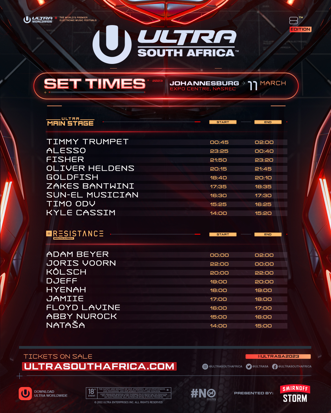 What are the set times for Ultra South Africa in Johannesburg?